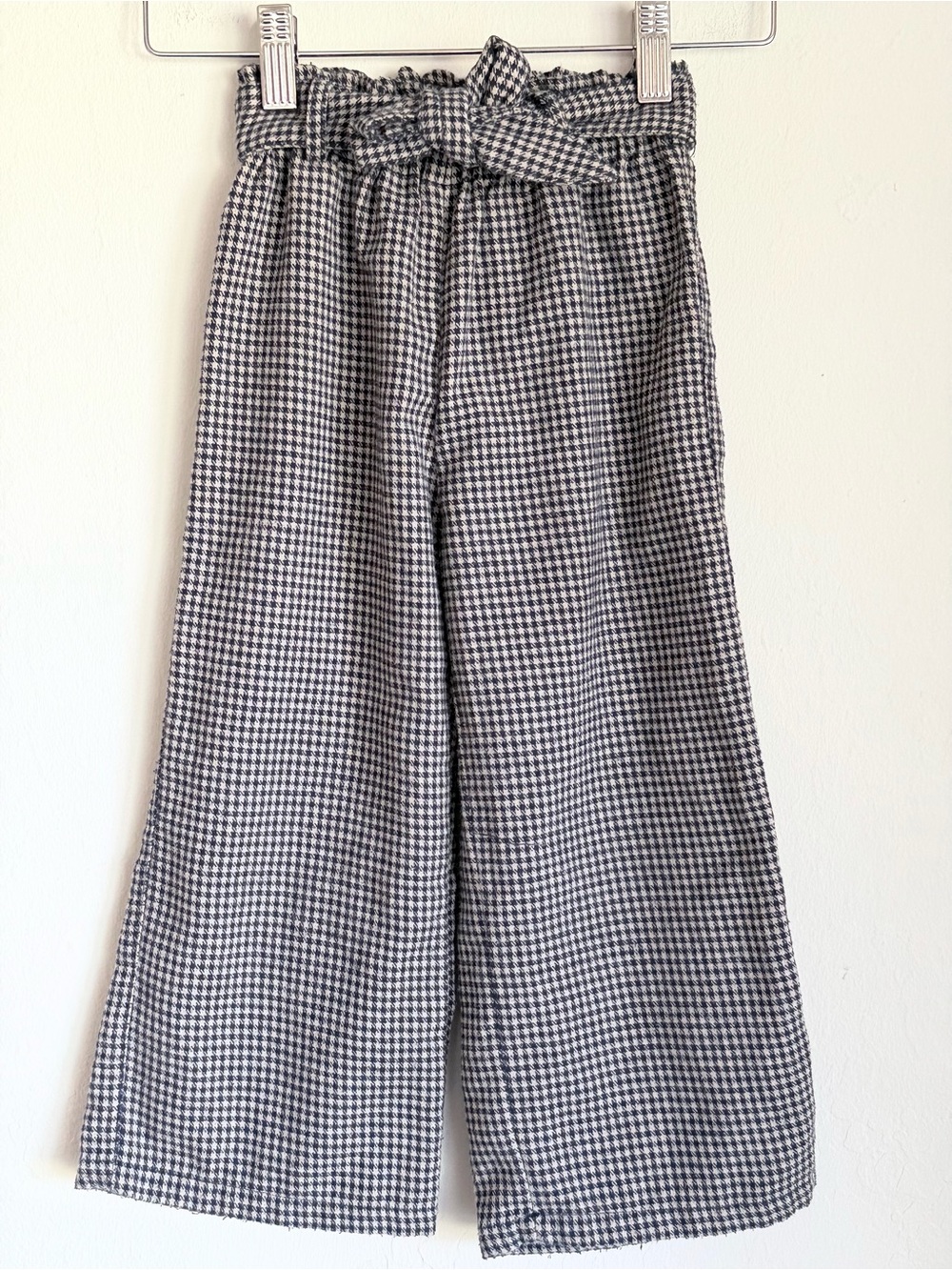 Zara Kid’s Blue Gray on Taupe Houndstooth Tie Waist Wide Leg Pants, 5Y